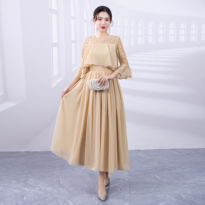 Duga večernja haljina, korejskog stila, haljina za banket za domaćicu, vitka silueta, visok pojas, poliester