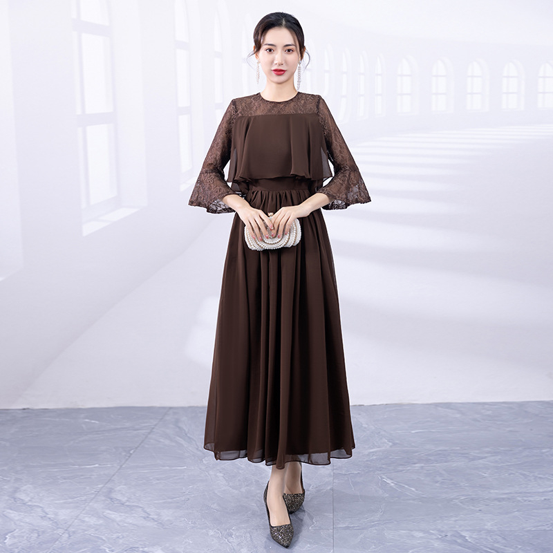 Duga večernja haljina, korejskog stila, haljina za banket za domaćicu, vitka silueta, visok pojas, poliester