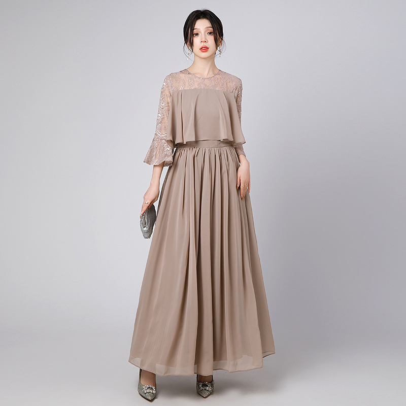 Duga večernja haljina, korejskog stila, haljina za banket za domaćicu, vitka silueta, visok pojas, poliester