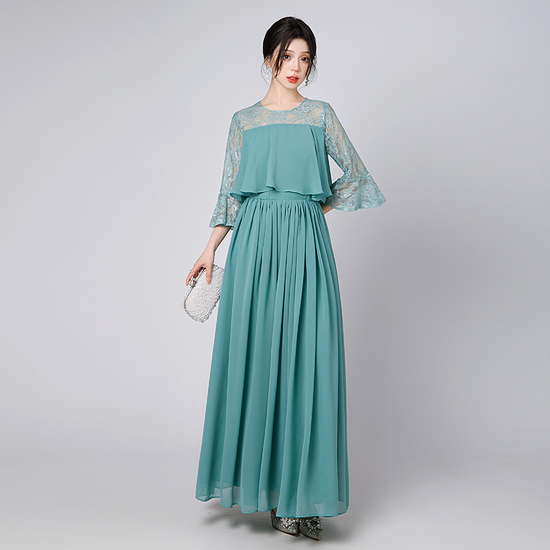 Duga večernja haljina, korejskog stila, haljina za banket za domaćicu, vitka silueta, visok pojas, poliester