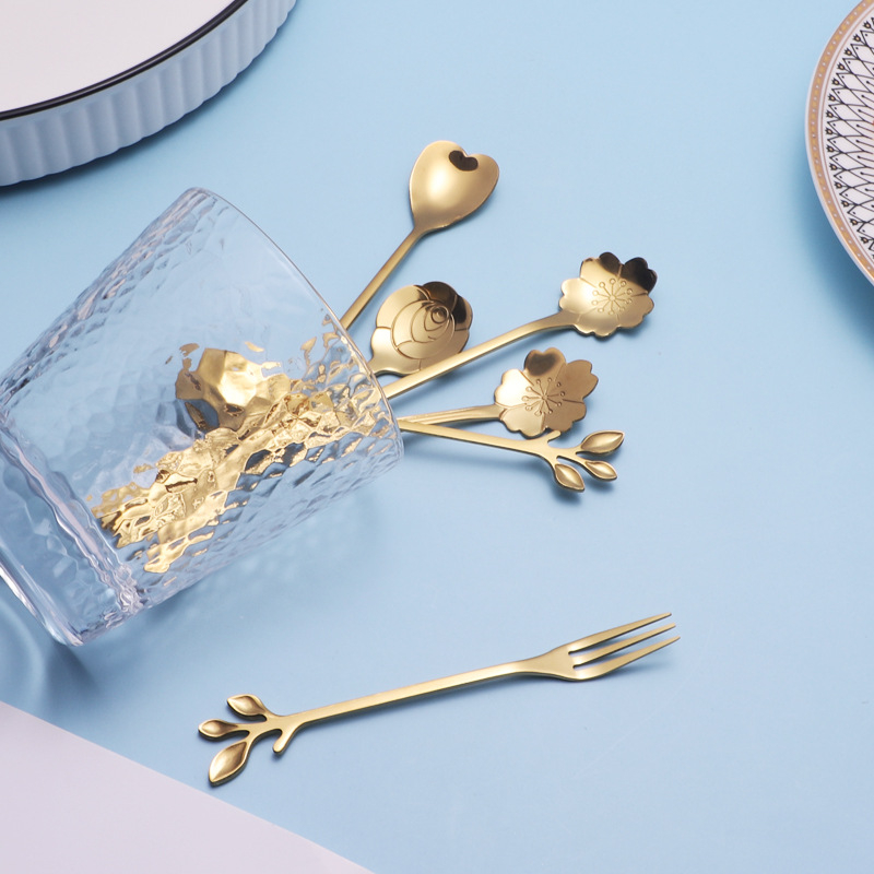 Lingură cu mâner lung, motiv floare de cireș, oțel inoxidabil 410, finisaj oglindă, Little Old Man Tableware