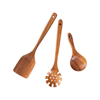 Akācijas koka karotes un lāpstas komplekts nepiedegošām pannām, izturīgs pret augstām temperatūrām, aizsardzība pret apdegumiem, āķa dizains, koka rokturi