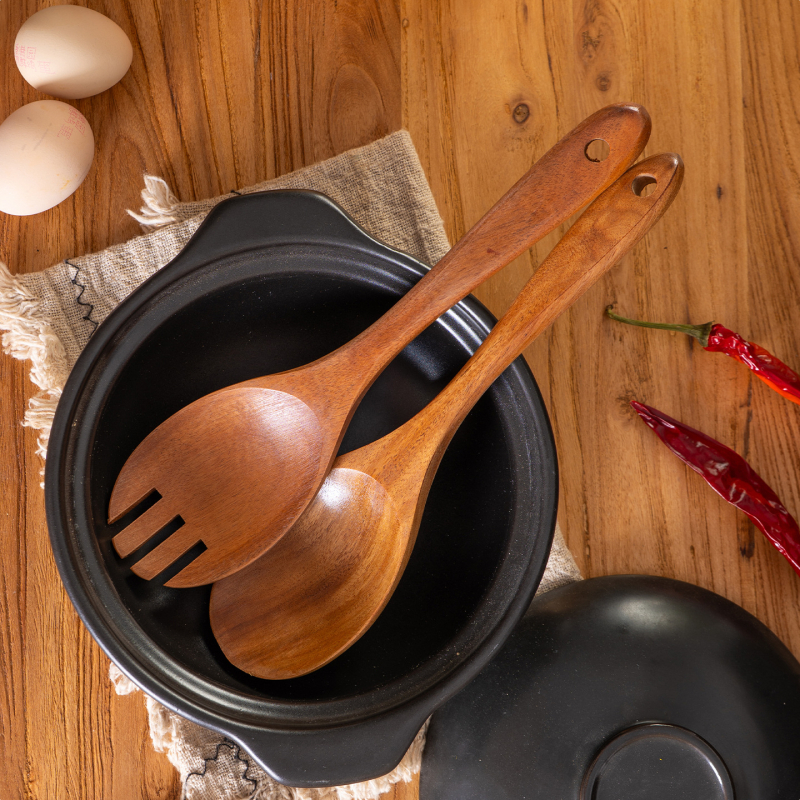 Akācijas koka karotes un lāpstas komplekts nepiedegošām pannām, izturīgs pret augstām temperatūrām, aizsardzība pret apdegumiem, āķa dizains, koka rokturi