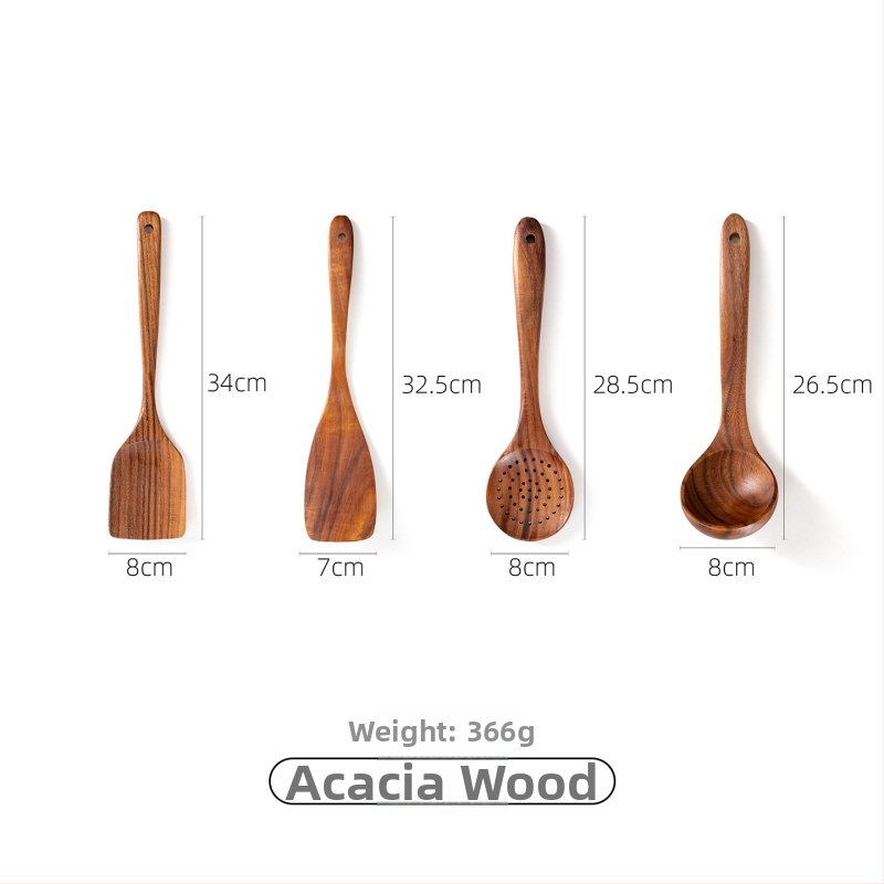 Akācijas koka karotes un lāpstas komplekts nepiedegošām pannām, izturīgs pret augstām temperatūrām, aizsardzība pret apdegumiem, āķa dizains, koka rokturi