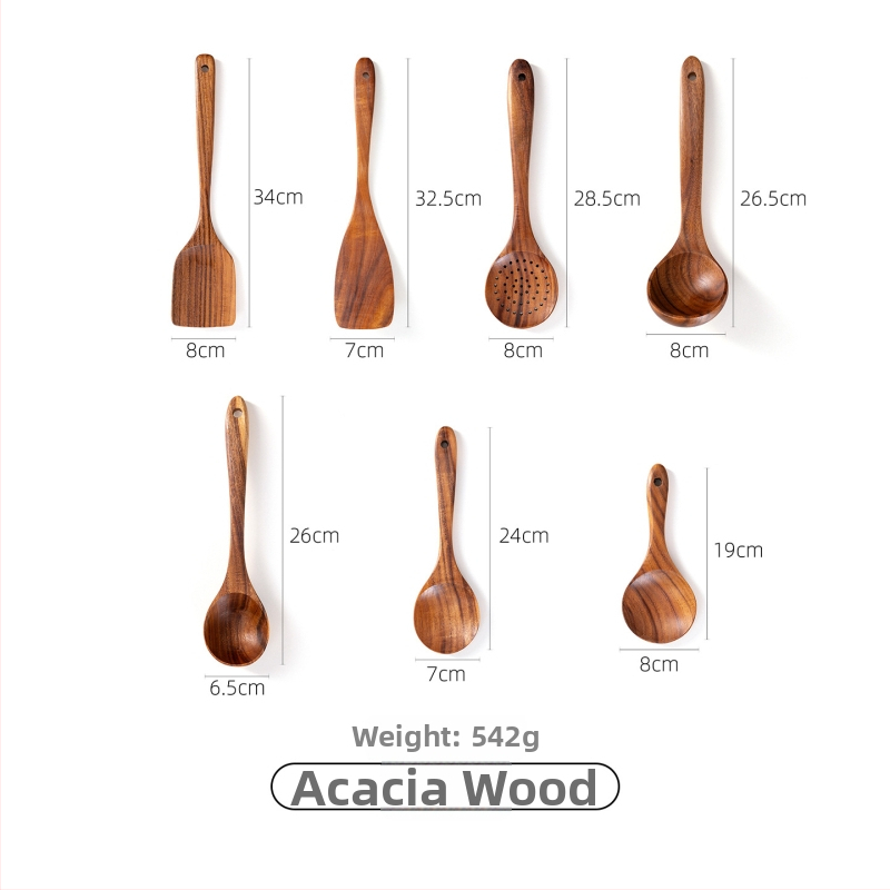 Akācijas koka karotes un lāpstas komplekts nepiedegošām pannām, izturīgs pret augstām temperatūrām, aizsardzība pret apdegumiem, āķa dizains, koka rokturi