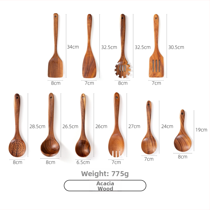 Akācijas koka karotes un lāpstas komplekts nepiedegošām pannām, izturīgs pret augstām temperatūrām, aizsardzība pret apdegumiem, āķa dizains, koka rokturi