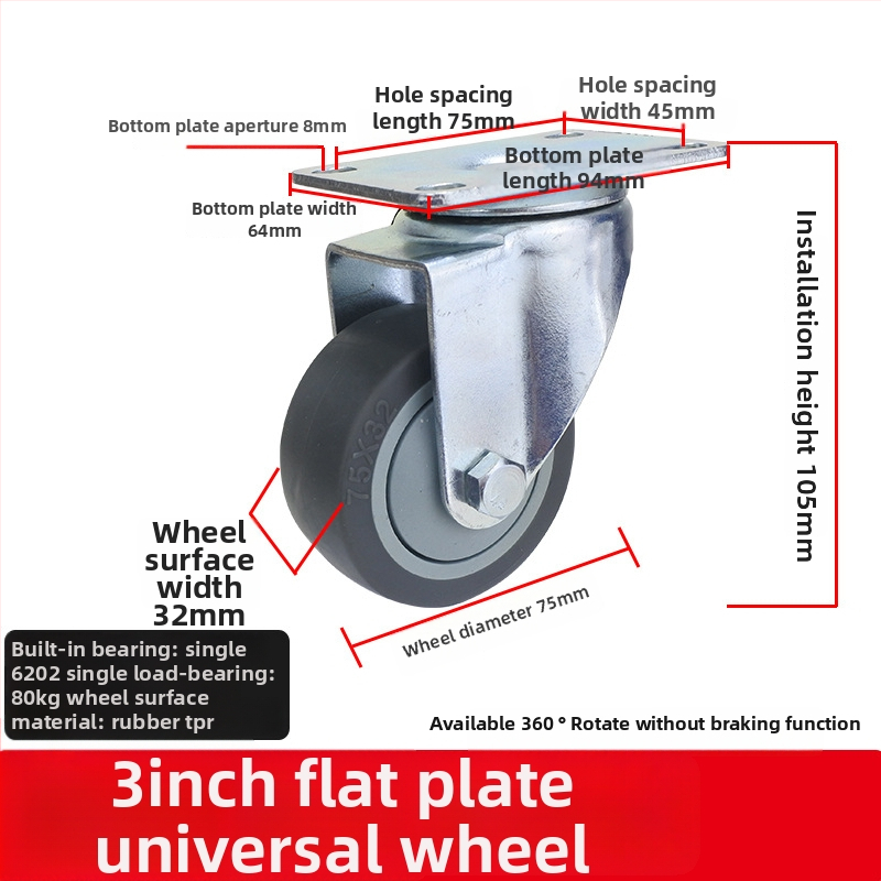 Universaalne ratas lameplaadiga, vaikne suunatud piduriga, TPR kumm