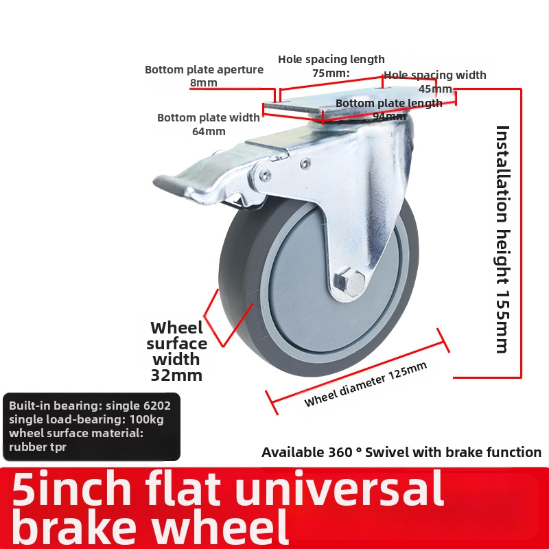 Universaalne ratas lameplaadiga, vaikne suunatud piduriga, TPR kumm