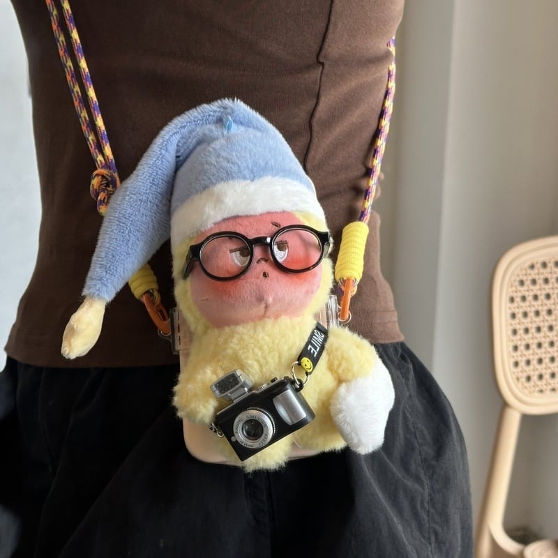 Telefono laikiklis su galiniu klipu, reguliuojamas nailono juostelė, rankų darbas, miela pūkų lėlė