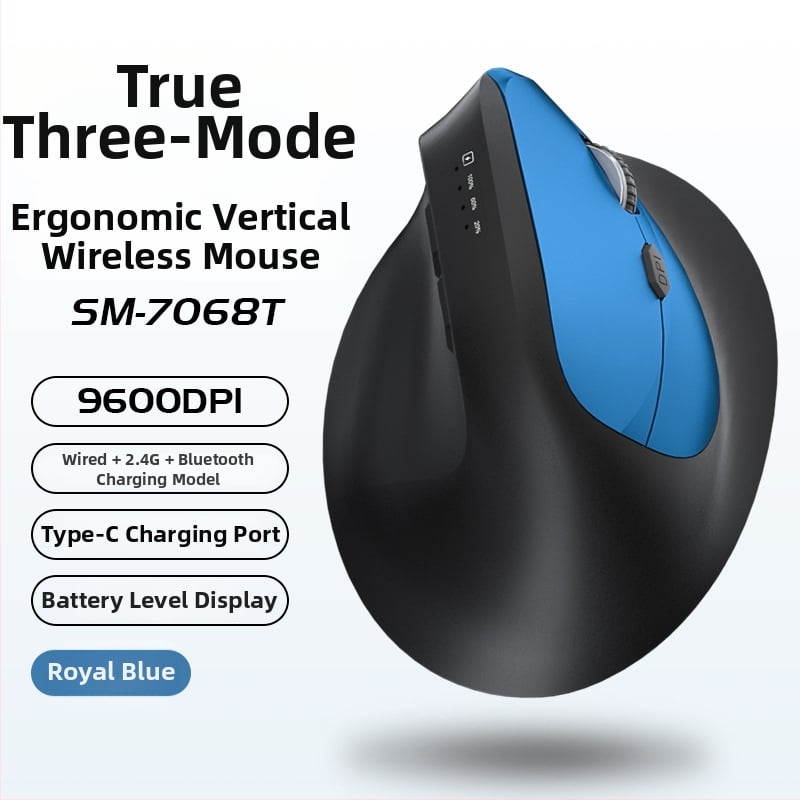 Vertikálna ergonomická bezdrôtová myš s nabíjaním, tri režimy Bluetooth/2.4G, 1600dpi, 6 tlačidiel