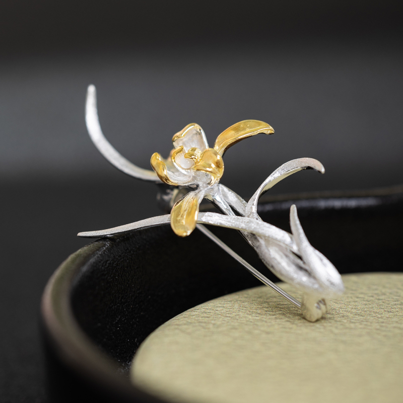 Știft pentru piept din argint 925, orchidă floral – design original, accesorii pentru îmbrăcăminte, placare electrochimică