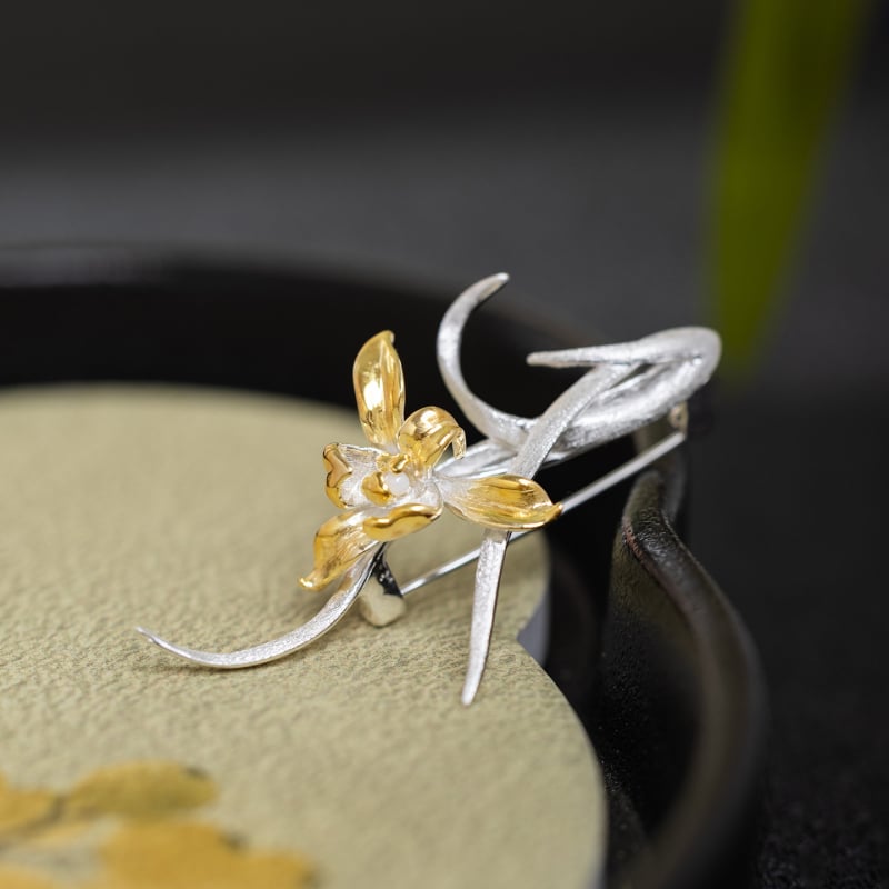 Știft pentru piept din argint 925, orchidă floral – design original, accesorii pentru îmbrăcăminte, placare electrochimică