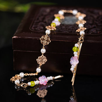 Ősi stílusú hajcsat homloklánccal és szemöldökmedállal, virágmotívum, galvanizált felülettel, kevert anyagok