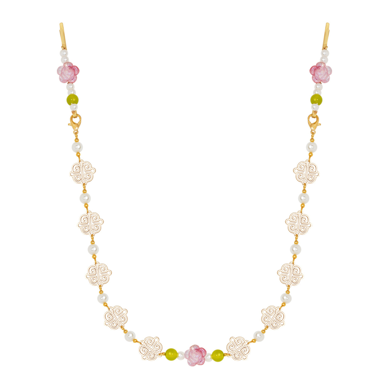 Ősi stílusú hajcsat homloklánccal és szemöldökmedállal, virágmotívum, galvanizált felülettel, kevert anyagok