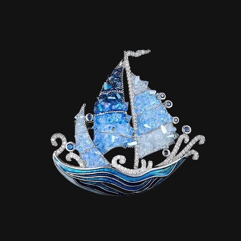 Καρφίτσα με πλοιάριο και κρύσταλλο σε χαλκό, ηλεκτροπλατινωμένη, unisex αξεσουάρ διακόσμησης