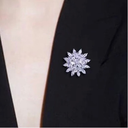 Γυναικεία καρφίτσα-χιονονιφάδα με Ζιρκόν, κράμα ψευδάργύρου με ηλεκτροεπικάλυψη (Υλικό: κράμα ψευδάργύρου; Διαδικασία: ηλεκτροεπικάλυψη; Σχήμα: χιονονιφάδα; Λειτουργίες: διακόσμηση, δώρο, στερέωση)