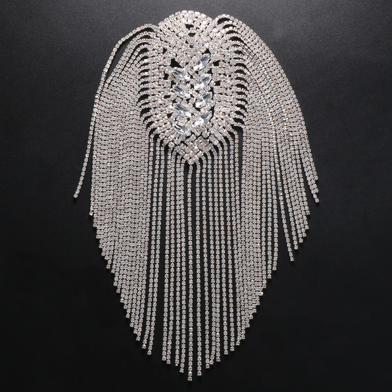 Bojtos vállepaulettek válllánccal, ötvözetből, fehér kristállyal, női stílus, elektroplattázás