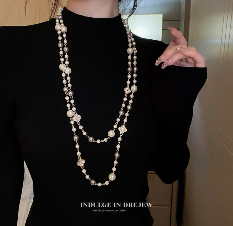 Многослойна перлена огърлица за пуловер, дамски минималистичен стил, топчеста верига, пролет 2025