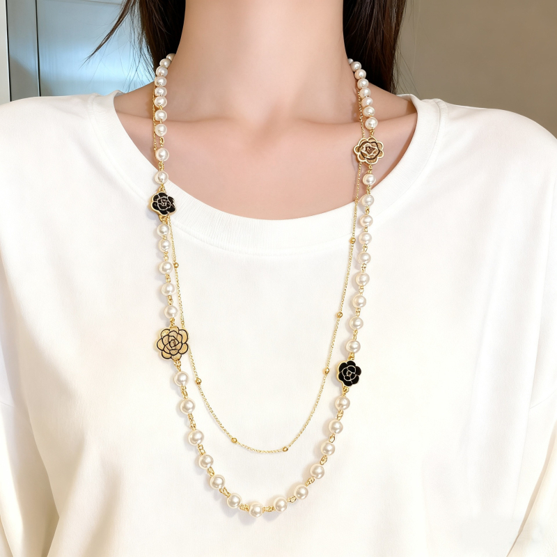 Многослойна перлена огърлица за пуловер, дамски минималистичен стил, топчеста верига, пролет 2025