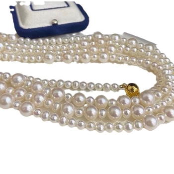 Μακρύς πολυεπίπεδο κολιέ από φυσικά μαργαριάρια γλυκού νερού με χαλκού αλυσίδα - σχήμα κοντά σε κύκλο, 5-6 mm, μήκος 81 cm+