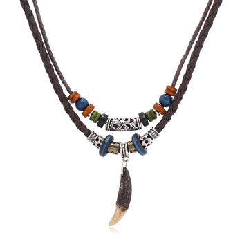 Kožni lanac s privjeskom od psećeg zuba, od umjetne kože, ručna izrada, višeslojni, 61–70 cm, 14 g, etno-retro stil