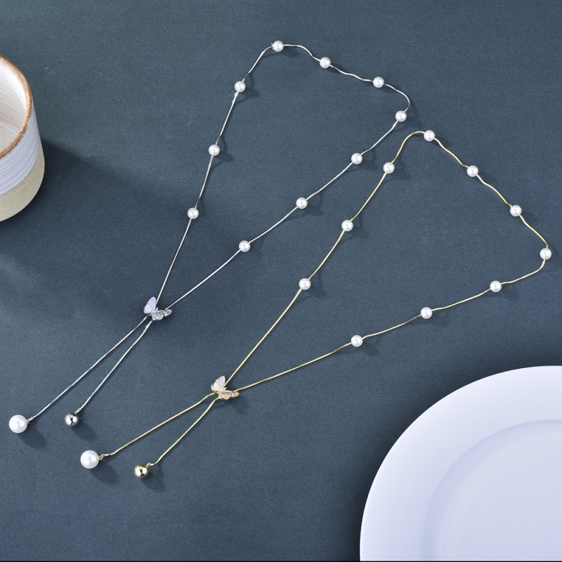 Дълга медна огърлица за пуловер с пеперудена форма и висулка от смесени камъни