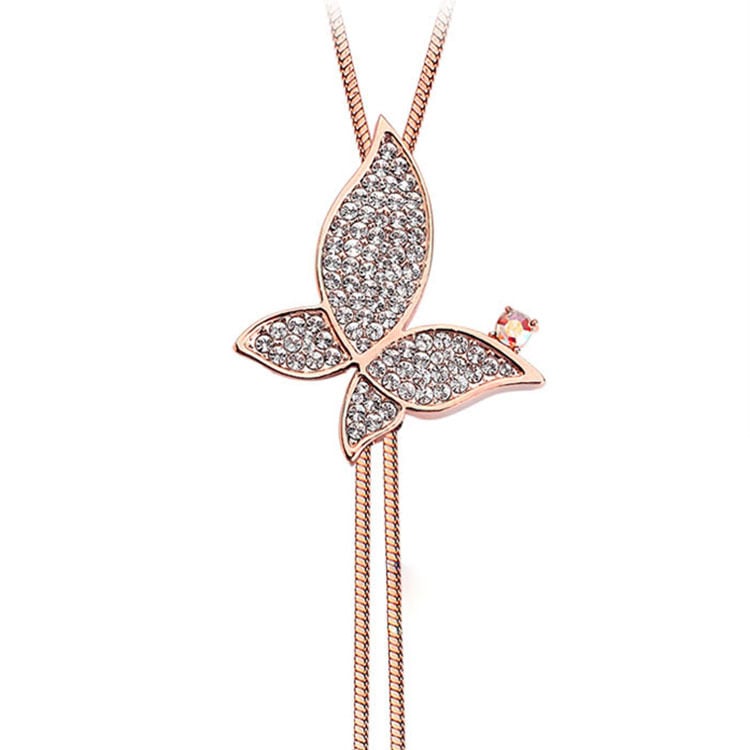 Дълга сплавна верига за пуловер с мотив пеперуда и мозайчни камъни, стил лък.