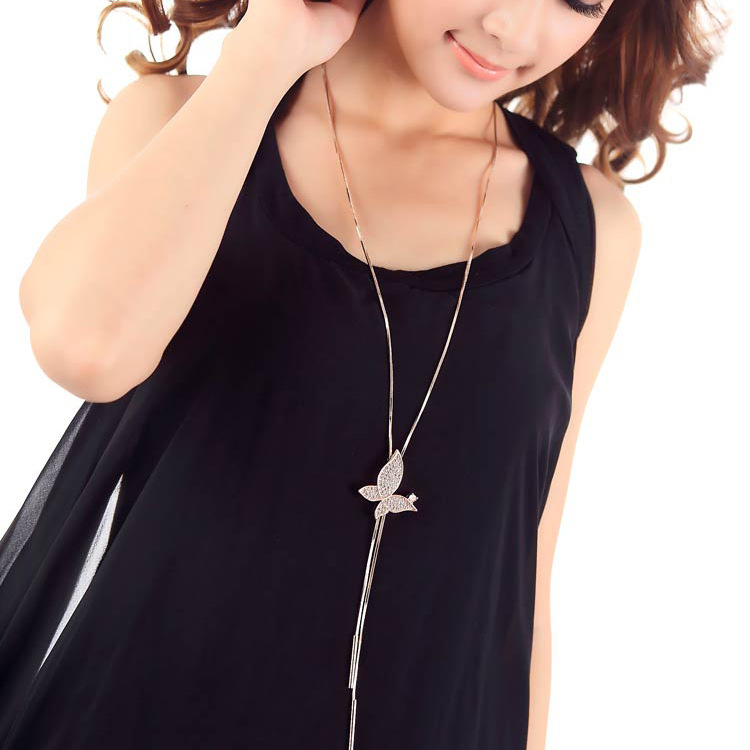 Дълга сплавна верига за пуловер с мотив пеперуда и мозайчни камъни, стил лък.