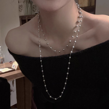 Ogrlica od umjetnih perli, ručno izrađena, geometrijski oblik, križni lanac, stil laganog luksuza.