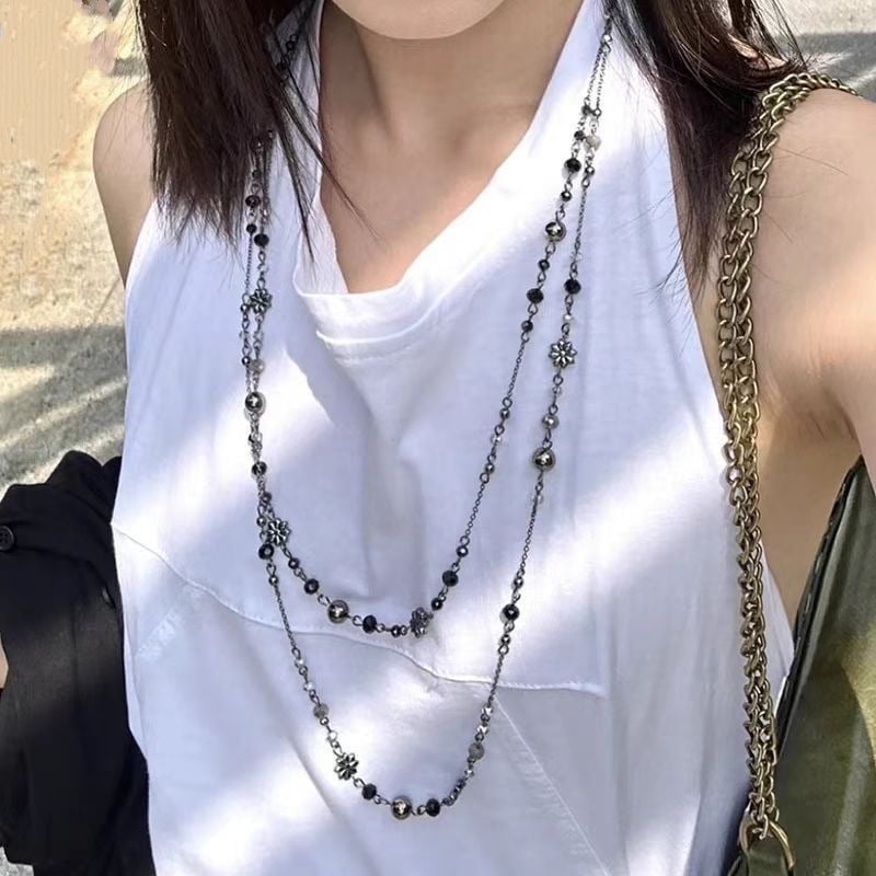 Colier lung pentru pulover - stil retro, design geometric, oțel titan, placare electrolitică