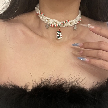 Colier cu pandantiv în formă de brad de Crăciun, din aliaj de zinc, lanț clavicular, circumferința 31–40 cm, stil natural