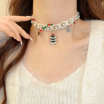 Colier cu pandantiv în formă de brad de Crăciun, din aliaj de zinc, lanț clavicular, circumferința 31–40 cm, stil natural