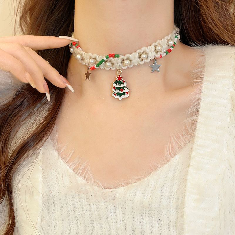 Colier cu pandantiv în formă de brad de Crăciun, din aliaj de zinc, lanț clavicular, circumferința 31–40 cm, stil natural