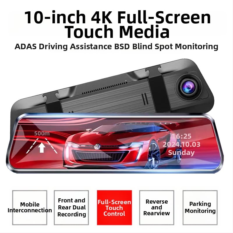 4K predná a zadná záznamová autokamera, Wi‑Fi, inštalácia do spätného zrkadla, trojitý objektív