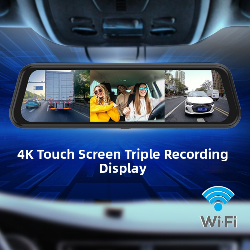4K predná a zadná záznamová autokamera, Wi‑Fi, inštalácia do spätného zrkadla, trojitý objektív