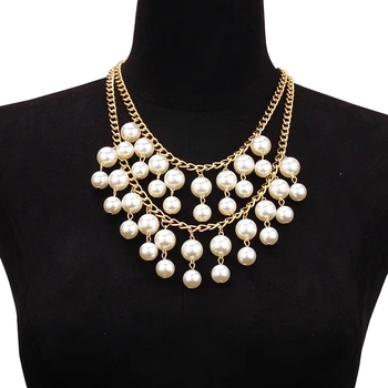 Višeslojna ogrlica od umjetnih perli s resicama, lanac u obliku vodnih valova, kapkoviti dizajn, privjesak od željezne legure (Imitation pearls; Water-wave chain; Multi-layer; Drop shape; Iron alloy)