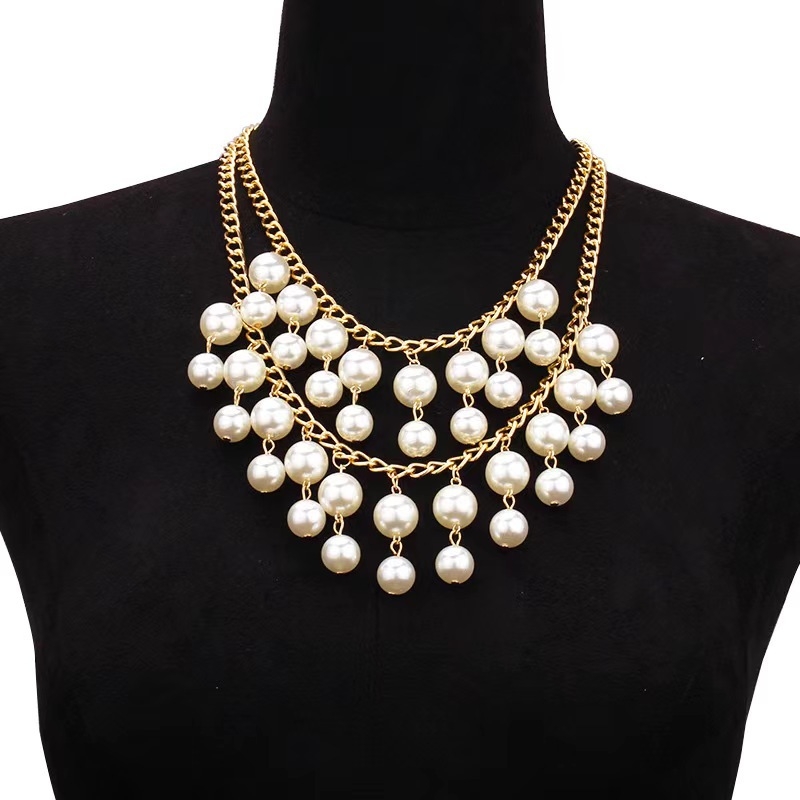 Višeslojna ogrlica od umjetnih perli s resicama, lanac u obliku vodnih valova, kapkoviti dizajn, privjesak od željezne legure (Imitation pearls; Water-wave chain; Multi-layer; Drop shape; Iron alloy)
