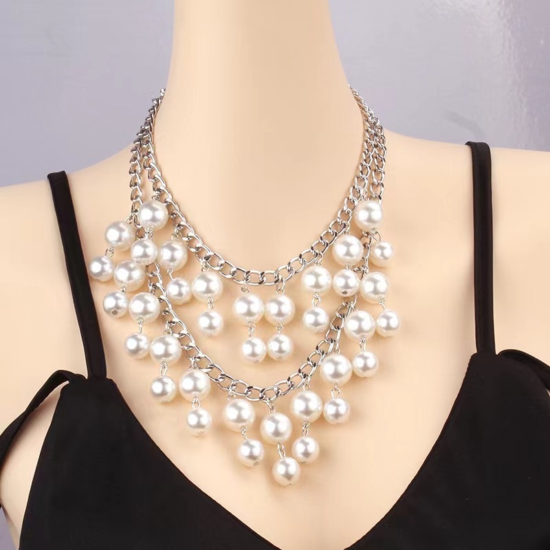 Višeslojna ogrlica od umjetnih perli s resicama, lanac u obliku vodnih valova, kapkoviti dizajn, privjesak od željezne legure (Imitation pearls; Water-wave chain; Multi-layer; Drop shape; Iron alloy)