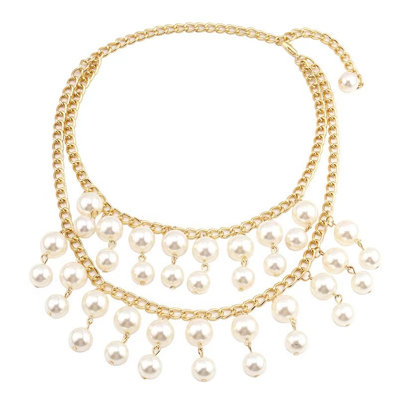 Višeslojna ogrlica od umjetnih perli s resicama, lanac u obliku vodnih valova, kapkoviti dizajn, privjesak od željezne legure (Imitation pearls; Water-wave chain; Multi-layer; Drop shape; Iron alloy)