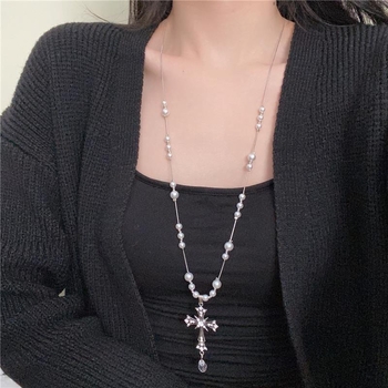 Nyaklánc keresztmedállal és rhinestone beépítéssel, ötvözet anyag, elektroplatírozás, Ins stílus, nyár 2025