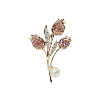 Χαλκός τουλίπα καρφίτσα με κρύσταλλα και μαργαριράρια — κομψό διακοσμητικό αξεσουάρ, μάρκα Xiang Nan