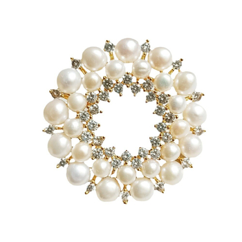 Брошка-венец с перли, сладководни перли, медна основа, геометричен дизайн, елегантна унисекс брошка