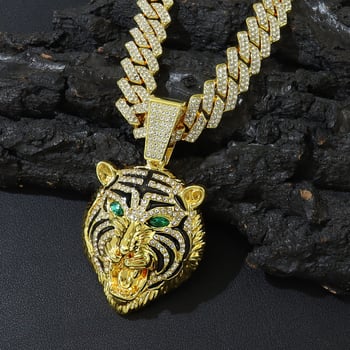 Uniszex hip-hop nyaklánc ötvözetből készült tigris fej medállal, zöld szemű, kubai lánccal, gyémántokkal díszített