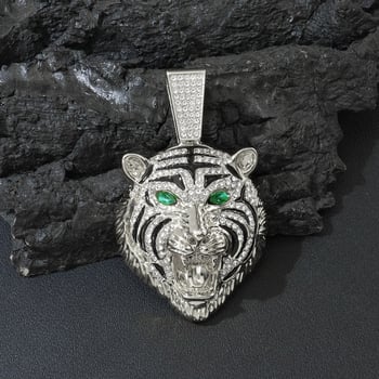 Uniszex hip-hop nyaklánc ötvözetből készült tigris fej medállal, zöld szemű, kubai lánccal, gyémántokkal díszített