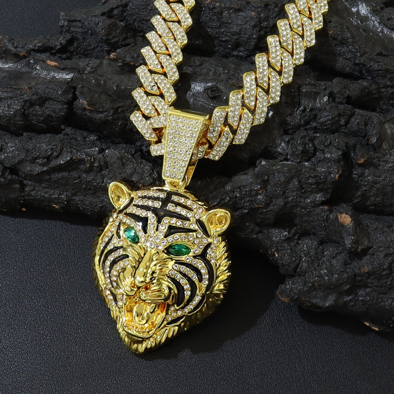Uniszex hip-hop nyaklánc ötvözetből készült tigris fej medállal, zöld szemű, kubai lánccal, gyémántokkal díszített