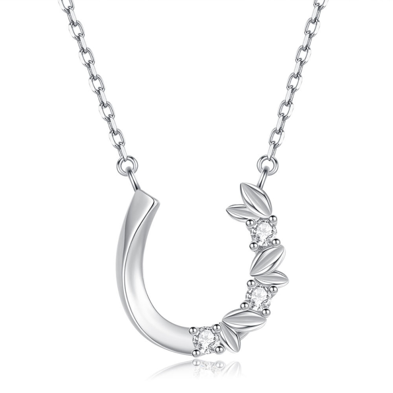 Colier din argint 925, formă potcoavă în U, motiv frunză de măslin, lanț clavicular, 41–50 cm
