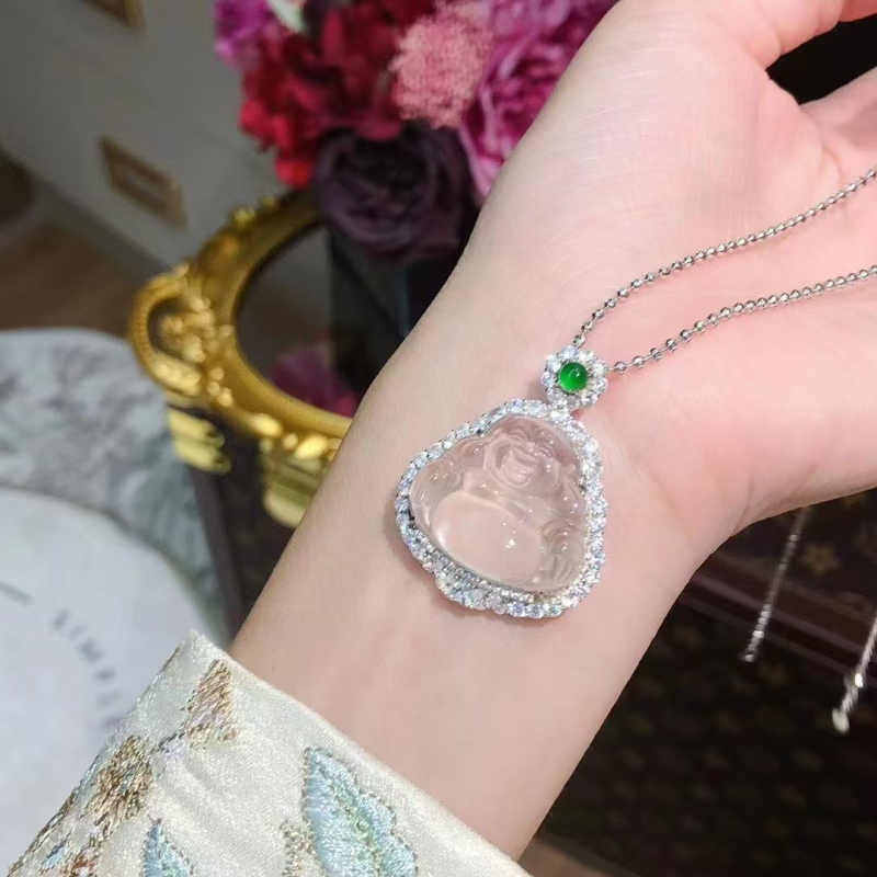 Ogrlica s Buddha privjeskom od 925 sterling srebra, jade ugradnja, svijetao luksuzni stil