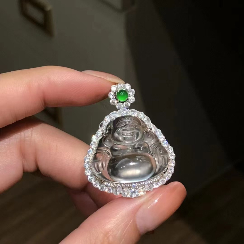 Ogrlica s Buddha privjeskom od 925 sterling srebra, jade ugradnja, svijetao luksuzni stil