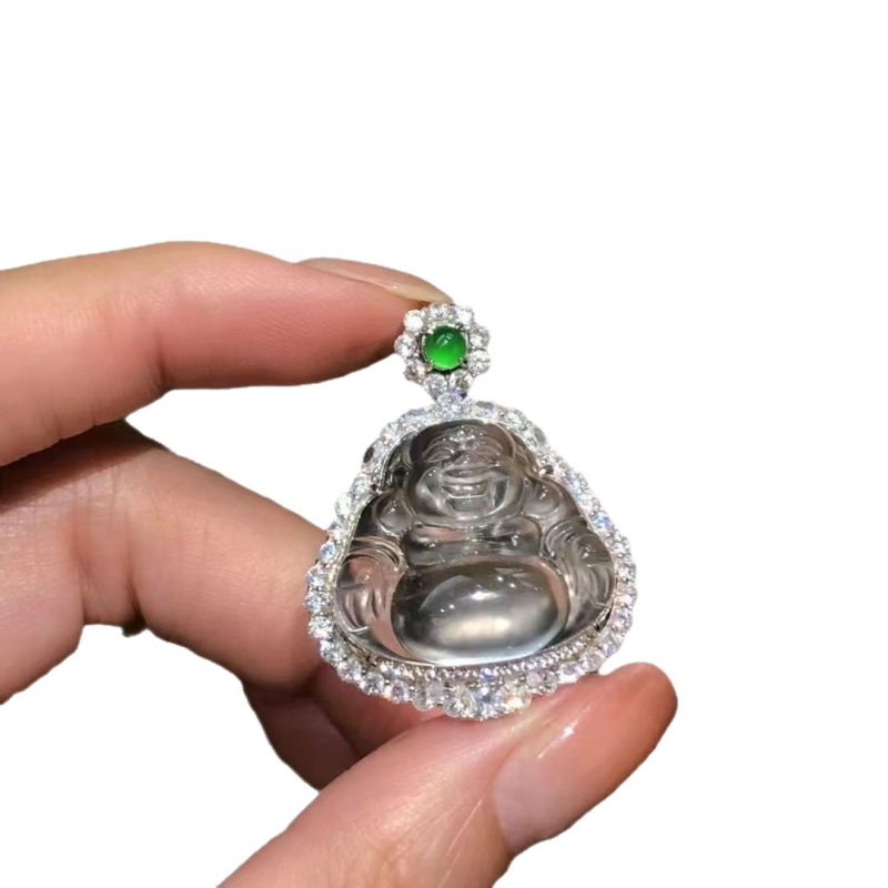 Ogrlica s Buddha privjeskom od 925 sterling srebra, jade ugradnja, svijetao luksuzni stil