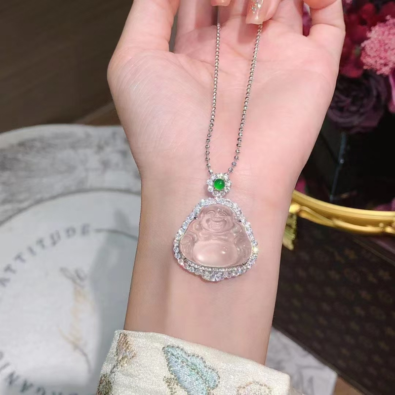 Ogrlica s Buddha privjeskom od 925 sterling srebra, jade ugradnja, svijetao luksuzni stil